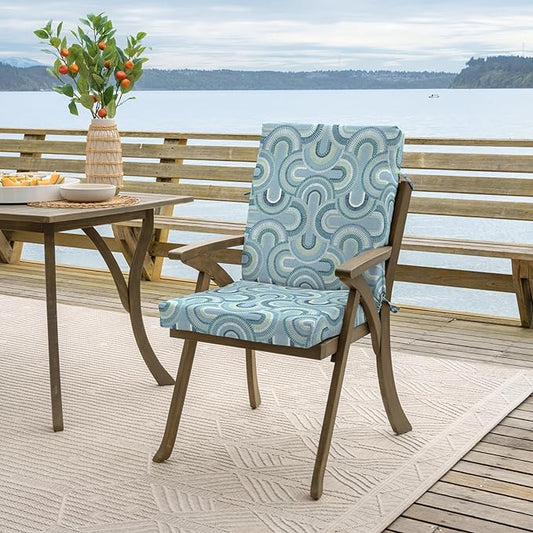 Arden Outdoor Patio Dining Chair Cushion, 20x44, Rain-Proof Seat Pad, Fade-Resistant Outdoor Cushion Coastal Blue Geometric