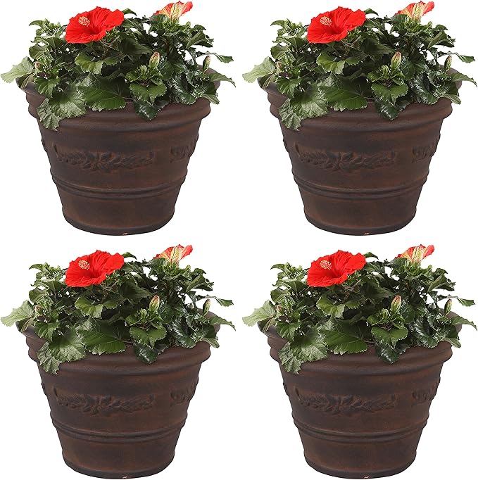 Sunnydaze 13-Inch Laurel Large Plant Pot - Polyresin Round Outdoor Planter with Drillable Drainage Holes - 4 Pack - Rust