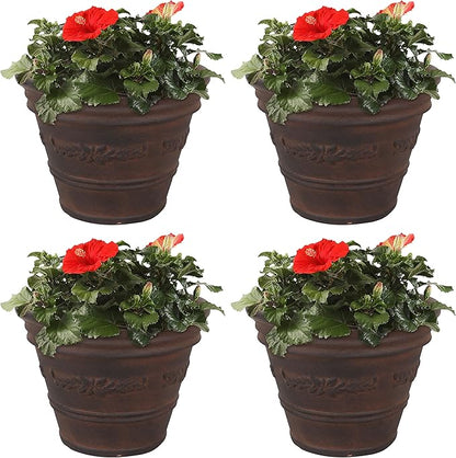 Sunnydaze 13-Inch Laurel Large Plant Pot - Polyresin Round Outdoor Planter with Drillable Drainage Holes - 4 Pack - Rust