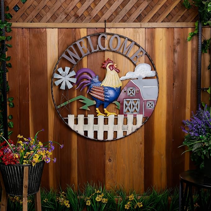 Alpine Corporation SCC578L Large Round Rooster and Farm Welcome Wall Decor, Sign for Entryway & Walkway, 30" Diameter, Multicolor