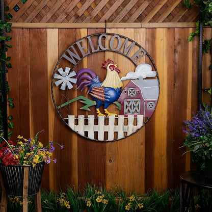 Alpine Corporation SCC578L Large Round Rooster and Farm Welcome Wall Decor, Sign for Entryway & Walkway, 30" Diameter, Multicolor