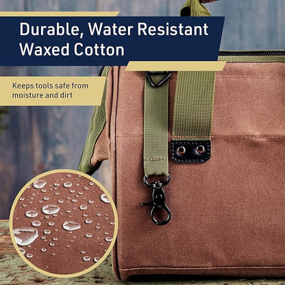 Waxed Canvas Tool Bag - 11.75” Heavy Duty Canvas Tote Bag Garden Caddy for Gardening Supplies or Tools with Wide Mouth 3 Interior and 3 Exterior Pockets - Gardening Gifts Men by Kings County Tools