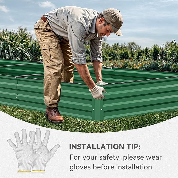 DWVO 2pcs 12 x 4 x 1 FT Raised Garden Bed Kit, Outdoor Galvanized Flower Bed with Safety Rubber and Gloves, Large Metal Planter Box for Vegetables, Flowers, Herbs, Fruits, Green