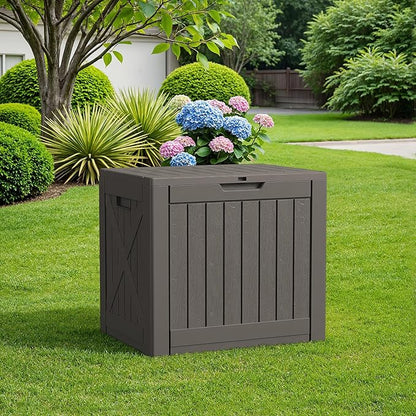 Flamaker Resin Deck Box 40 Gallon Waterproof Outdoor Indoor Storage Box Imitation Wood Resin for Patio Furniture Garden Tools and Pool (Deep Brown)