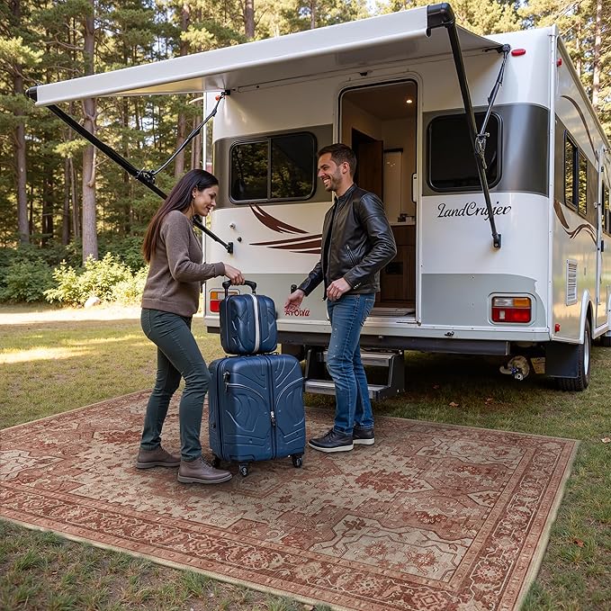 GENIMO Outdoor & Indoor Area Rug 4'x6', Waterproof, Non-Shedding, Easy Cleaning, Boho Mat for Patio, Living Room, Balcony, Dining Room, RV, Deck, Bedroom, Camping, Outside Carpet,Brown Red