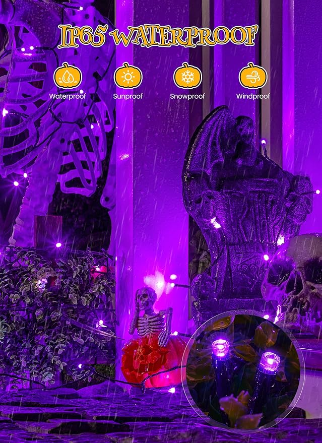 Brightown 4 Pack Halloween Solar String Lights, Total 184FT 480 LED Solar Lights Outdoor Waterproof Black Wire with 8 Modes, Solar Fairy Light for Garden Yard Patio Party Decors, Purple
