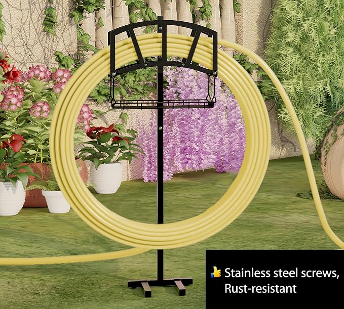 Fire Beauty Garden Hose Holder,Freestanding Water Hose Holder with Storage Basket,In ground Hose Rack Organizer for Outdoor,Detachable Hose Holder Stake,Hose Reel Stand Rack for Outside Lawn Yard