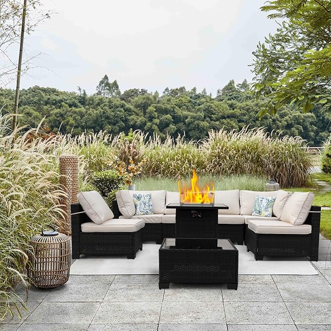 8 Pieces Patio Furniture Set with 28" Fire Pit Table, Wicker Outdoor Sectional Couch, Rattan Conversation Set for Backyard, Deck, Garden Lawn, Brown/Beige