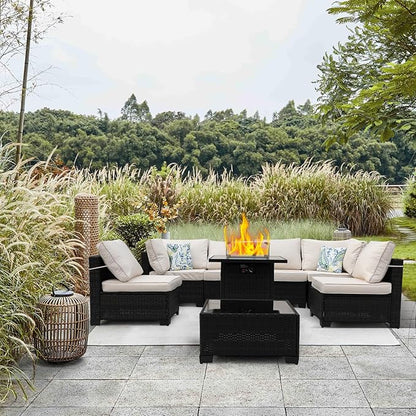8 Pieces Patio Furniture Set with 28" Fire Pit Table, Wicker Outdoor Sectional Couch, Rattan Conversation Set for Backyard, Deck, Garden Lawn, Brown/Beige
