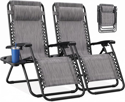 NEWBULIG Zero Gravity Chairs Set of 2, Lounge Chair Folding Portable Adjustable Camping Recliner with Adjustable Pollow, Mesh Back, Cup Holder Trays Lawn Patio Chair for Pool Beach