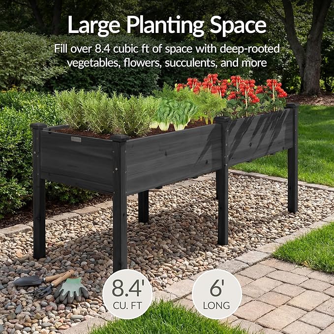 Best Choice Products 72x24x30in Raised Garden Bed, Elevated Wood Planter Box Stand for Backyard, Patio, Balcony w/Divider Panel, 6 Legs, 300lb Capacity - Black