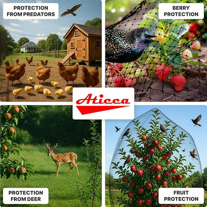ATICCA Heavy Duty Bird Netting for Garden Protection & Fruit Trees, 25x25 Ft with 10 Stakes – Black Anti-Bird Net for Poultry, Deer, & Squirrel Protection, Durable Nylon Mesh for Garden and Yard Use
