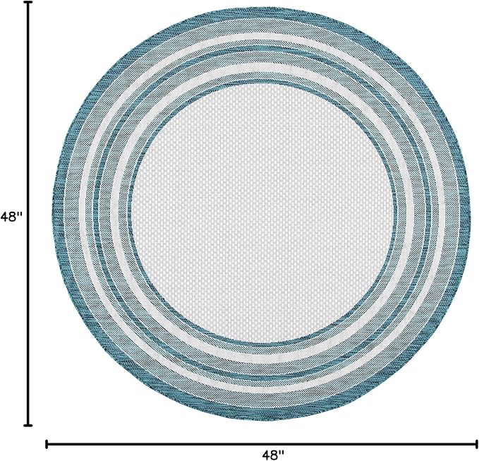 SAFAVIEH Washable Rug Outdoor Courtyard Collection - 4' Round, Ivory & Teal, Non-Shedding & Easy Cleaning, Ideal for Patio, Backyard, Mudroom (CY8475-53512)
