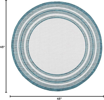 SAFAVIEH Washable Rug Outdoor Courtyard Collection - 4' Round, Ivory & Teal, Non-Shedding & Easy Cleaning, Ideal for Patio, Backyard, Mudroom (CY8475-53512)