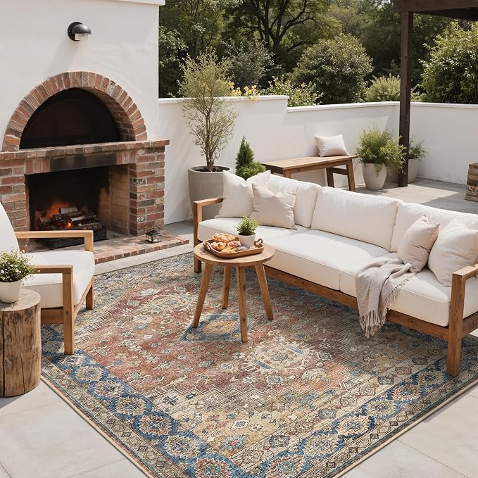 GENIMO Outdoor & Indoor Area Rug 9'x12', Waterproof, Non-Shedding, Easy Cleaning, Boho Mat for Patio, Living Room, Balcony, Dining Room, RV, Deck, Bedroom, Camping, Outside Carpet,Antique Red