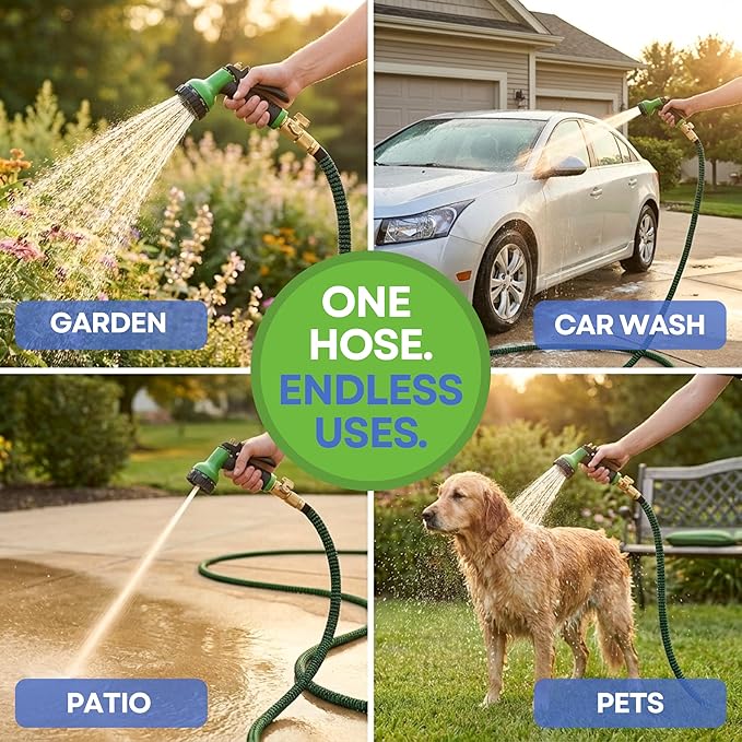 J&B XpandaHose 100ft Expandable Garden Hose – Ultra-Strong 3750D, 4-Layer Latex Core, Brass 3/4" Connectors, 10-Pattern Nozzle & Storage Bag – Lightweight, Kink-Reducing, Leak-Resistant