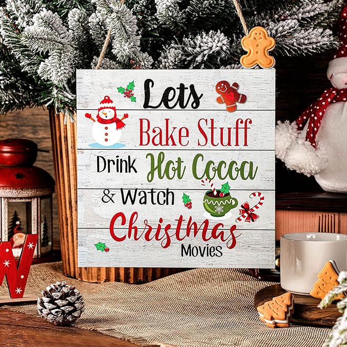 Blulu Christmas Hanging Wooden Sign Christmas Coffee Bar Decor Wood Candy Cane Hot Cocoa Sign Door Hanging Plaque for Xmas Winter Holiday Kitchen Home Wall Decoration(Classic)