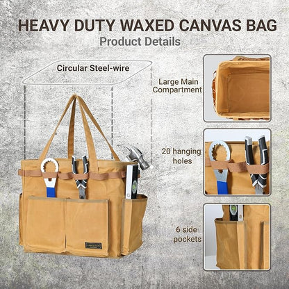 Water Resistant Gardening Tool Bag with Handles - 6 Pockets Utility Self-Standing Organizer for Camping/Garden/Car Storage, 14" x 13" x 10" | Khaki