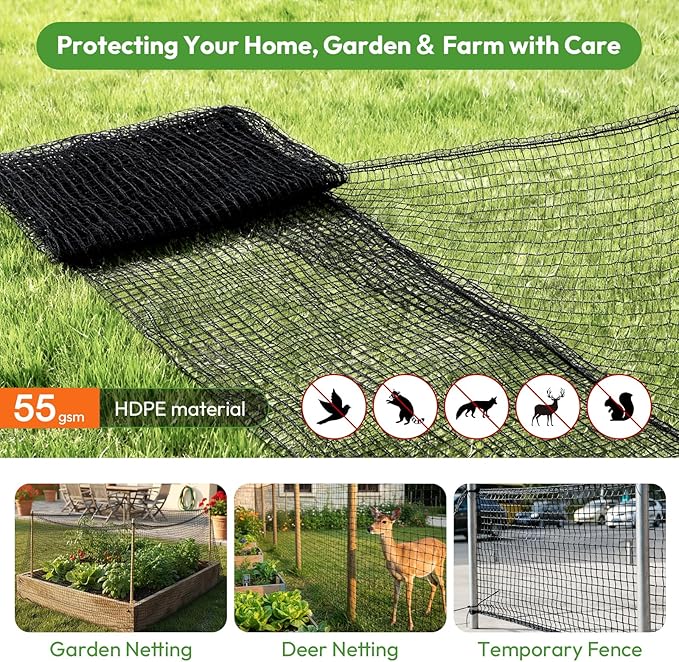 Deer Fence for Garden 7ft x 50ft, Plastic Mesh Deer Fence Netting with Pre-Strung Reinforced Edge, Reusable Temporary Fence, Ideal for Animal Barrier & Garden Fencing for Plants & Fruit Trees