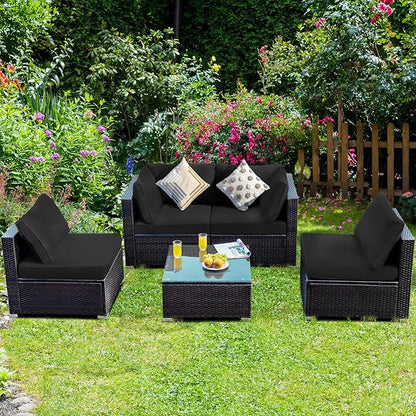 HAPPYGRILL 5 PCS Patio Furniture Set Outdoor Rattan Wicker Sofa Set with Coffee Table Sectional Sofa Conversation Set with Pillows Cushions for Backyard Porch Garden Poolside