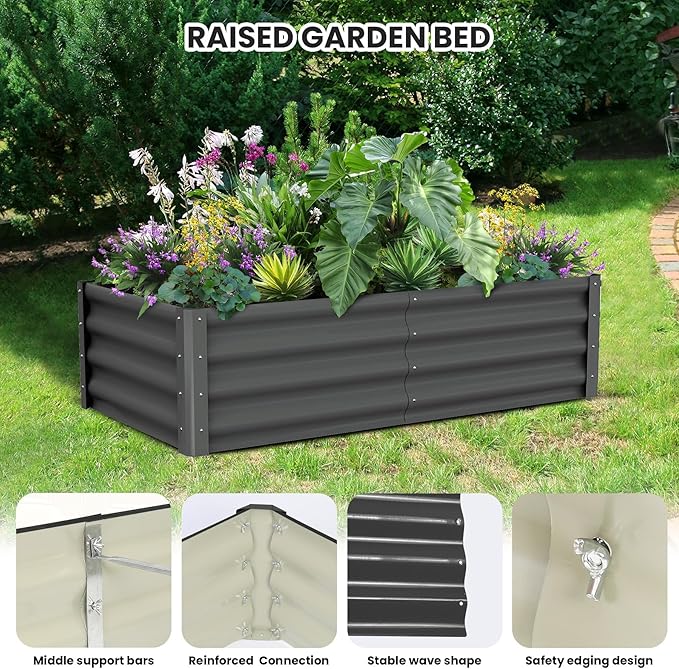 GarveeHome 6 * 3 * 1FT Raised Garden Bed Kit, Galvanized Raised Garden Beds Outdoor for Gardening, Above Planter Boxes, Large Garden Bed for Vegetables, Fruits, Dark Grey, 2 Pcs