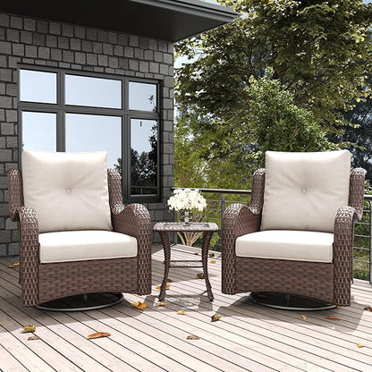 LayinSun 3 Pieces Outdoor Patio Furniture Set, Rattan Wicker Swivel Rocker Chairs Sets with Swivel Glider Chairs and Coffee Table