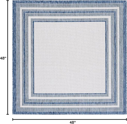SAFAVIEH Washable Rug Outdoor Courtyard Collection - 4' Square, Ivory & Navy, Non-Shedding & Easy Cleaning, Ideal for Patio, Backyard, Mudroom (CY8475-53412)