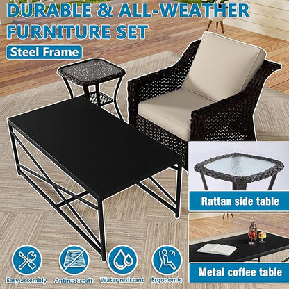 Vista Vibe 6 Pieces Outdoor Rattan Patio Conversation Furniture Set - 360 Degree Swivel Glider Rocker Chairs | Coffee Table | 2 Wicker Chairs, Washable Cushions, Terrace, Sunroom (Brown/Beige)