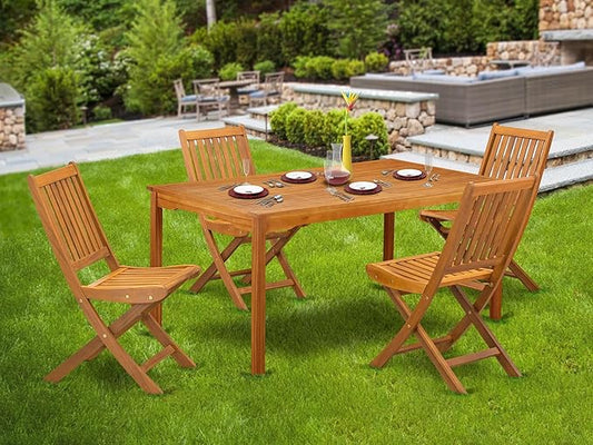 East West Furniture CMDK5CWNA 5 Piece Outdoor Patio Dining Sets Includes a Rectangle Acacia Wood Table and 4 Folding Side Chairs, 35x66 Inch, Natural Oil