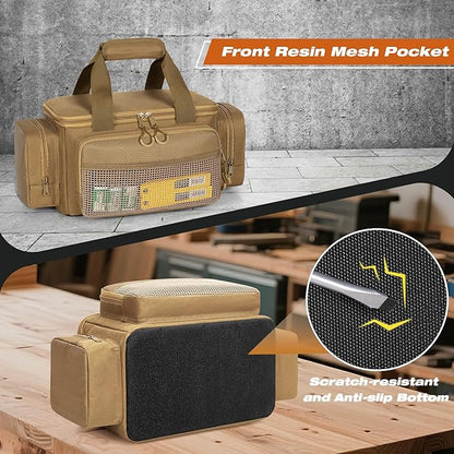Small Tool Bag with Anti-friction Bottom, Tactical 12" Tool Tote for Men, Hand Tool Storage Organizer for Electrician, Repairman and Carpenters, Khaki