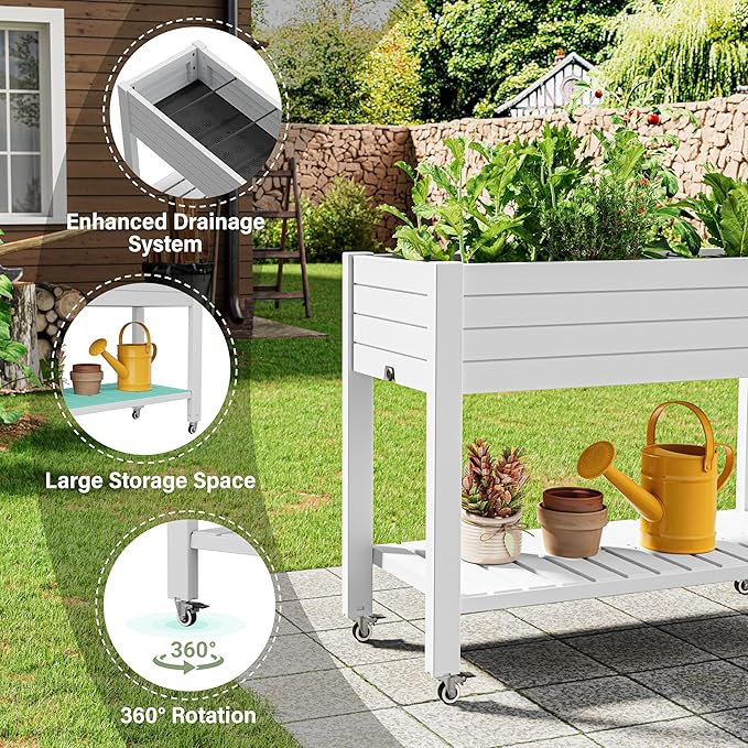 Raised Garden Bed with Wheels, Divisible Resin Planter Box with Drainage Gauge & Storage Shelf, Herb Planter for Garden Patio Backyard, White