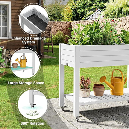 Raised Garden Bed with Wheels, Divisible Resin Planter Box with Drainage Gauge & Storage Shelf, Herb Planter for Garden Patio Backyard, White