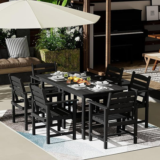 Anbuy Patio HDPE Dining Table Set, 7-Piece Outdoor Dining Table Sets, 2 in 1 Convertible Table and 6 Outdoor Chairs Outdoor All-Weather Furniture Set Black