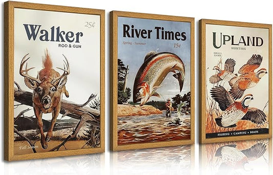 3Pcs Framed Retro Hunting Canvas Wall Art Outdoorsy Wild Animal Wall Decor Pictures Nature Wilderness Deer Wild Duck Fishing Posters Prints Gift Send Hunter Dad for Living Room Bedroom Home Decoration