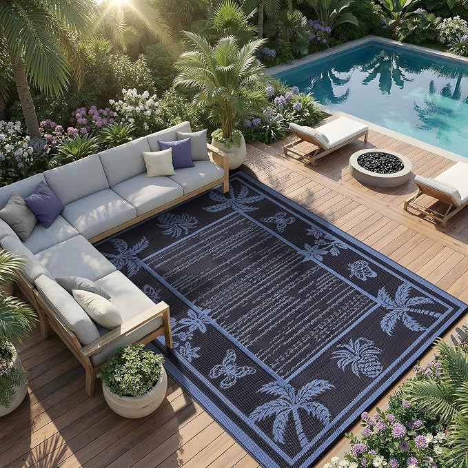 Garvee Outdoor Rug 8x10 Waterproof for Patios, Reversible Plastic Straw Rug, Tropical Leaf Indoor Outdoor Rugs, Large Area Rug for RV, Camping, Deck, Picnic Mat, Outside Carpet
