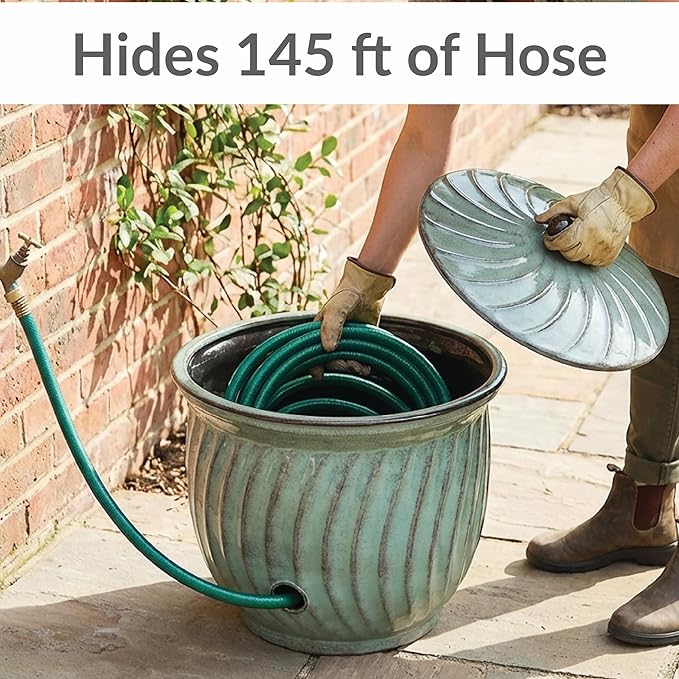 Sunnydaze Metal Garden Hose Holder Pot with Lid - UV-Resistant 145-Foot Garden Hose Pot for Outside - Sage Glaze Finish