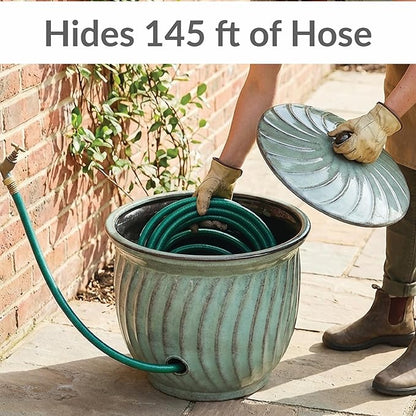 Sunnydaze Metal Garden Hose Holder Pot with Lid - UV-Resistant 145-Foot Garden Hose Pot for Outside - Sage Glaze Finish