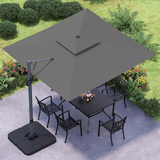 GREEN PARTY 10x10 ft Cantilever Patio Umbrella with Base Included, Outdoor Offset Umbrellas with 360° Rotation, 5-Year-Non-Fading Hanging Pool Umbrella for Garden Deck Poolside - Grey