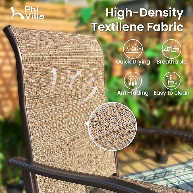 PHI VILLA 3 Piece Outdoor Bar Set, High Top Patio Table and Chairs with Brown Textilene Fabric & Rustproof Metal Frame for Backyard, Balcony, Garden & Poolside
