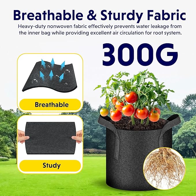iPower 5-Pack 3 Gallon Plant Grow Bags Thickened Nonwoven Aeration Fabric Pots Heavy Duty Durable Container, Strap Handles for Garden, Black
