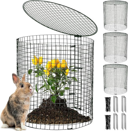 Hiboom 4 Set Garden Plant Protectors from Animals with Stakes, Metal Mesh and Detachable Covers Wire Plant Cage for Keeping Bunny Animals Out, Chicken Wire Cover Garden Protection (15.7x13)