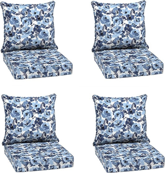 Arden Outdoor Deep Seat Cushion Set (4-Pack), 24 in x 24 in, Weather-Proof, Rain-Proof, Fade Resistant Patio Cushion for Chair, Sofa, and Couch Blue Garden Floral