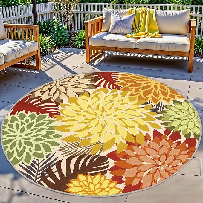 Colorful 6FT Outdoor Round Area Rug Washable Rugs Multicolored Patio Rug Tropical Botanical Floral Chenille Waterproof Outdoor Carpet for RV, Pool Deck, Backyard, Porch, Orange