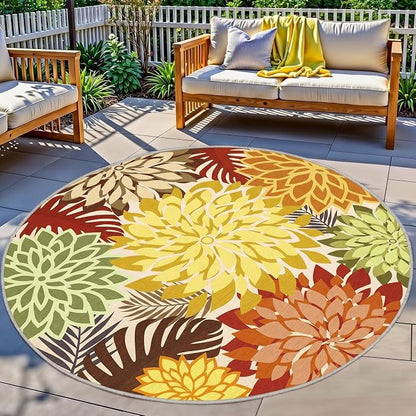 Colorful 6FT Outdoor Round Area Rug Washable Rugs Multicolored Patio Rug Tropical Botanical Floral Chenille Waterproof Outdoor Carpet for RV, Pool Deck, Backyard, Porch, Orange