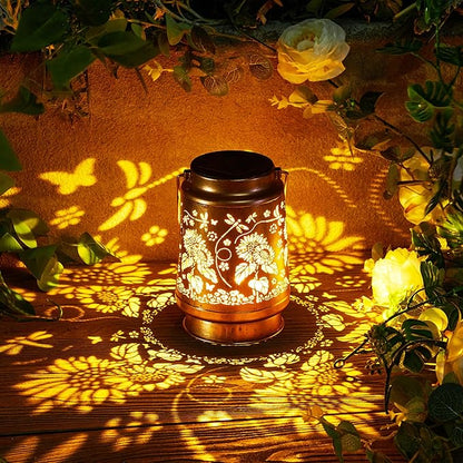 Solar Lantern Outdoor Waterproof Hanging Lights, Metal Dragonfly and Sunflower Decorative Lanterns for Garden Patio Yard Pathway Porch, Solar Powered Outdoor Lantern Gifts for Women Mom Grandma