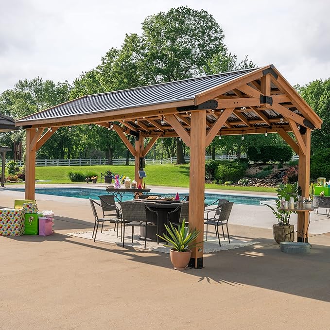 Backyard Discovery Norwood 16 ft. x 12 ft. Cedar Wood Gazebo,Thermal Insulated Steel Roof, Durable, Supports Snow Loads and Wind Speed, Rot Resistant, Backyard, Deck, Garden, Patio Light Brown