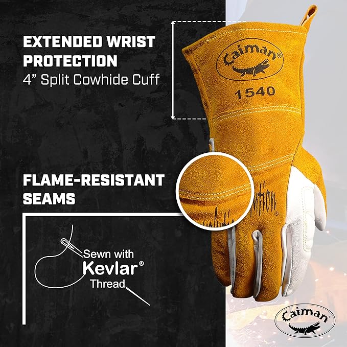 Caiman Premium Goat Grain TIG/Multi-Task Welding Gloves, Split Cowhide Back, 4-Inch Extended Cuff, White/Gold, Large (1540-5)
