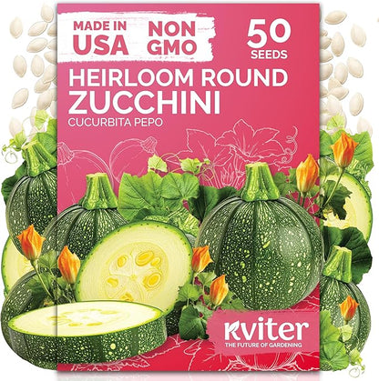 KVITER 50 Round Zucchini Seeds (Cucurbita Pepo) – Courgette Round Zucchini Squash Seed Packets, Non GMO Seed - Vegetables Seeds for Outdoor & Indoor Vegetable Garden and Containers