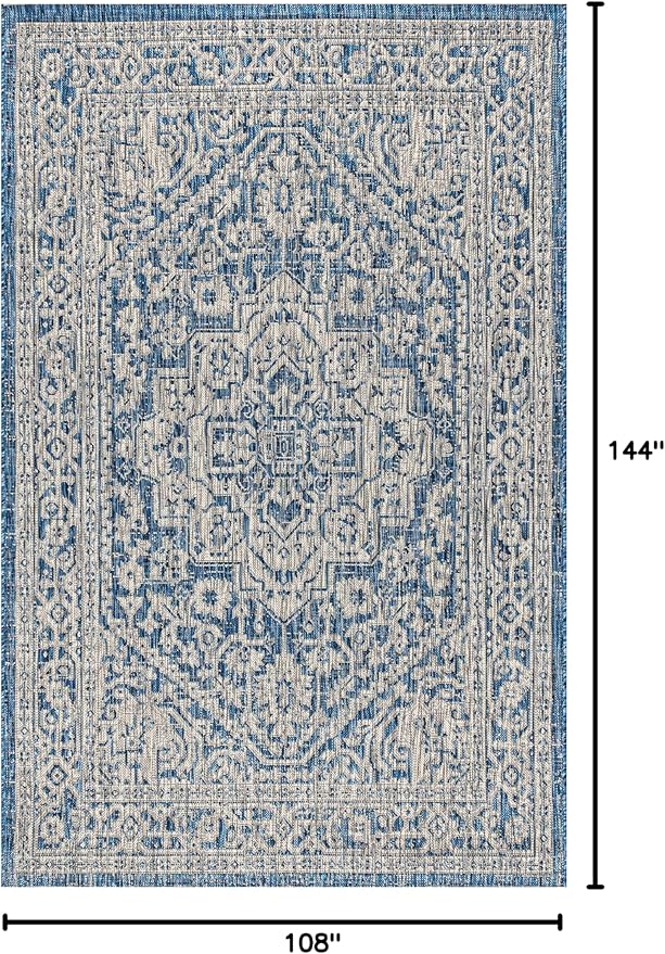 JONATHAN Y Medallion Weave Indoor Outdoor Area Rug 9X12 Navy/Gray, Sinjuri Textured for Backyard, Patio, Porch, Easy-Cleaning, High Traffic, Pet-Friendly, Non-Shedding (SMB101B-9)