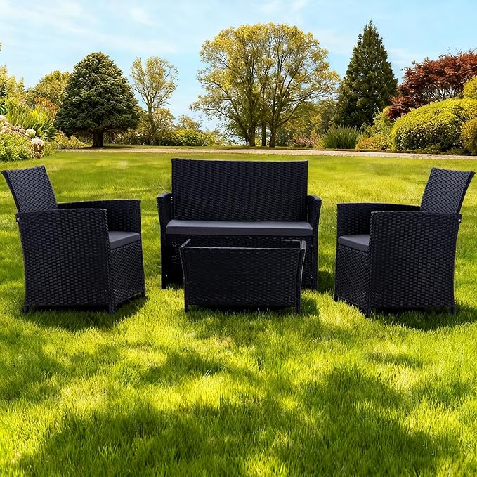 4 Piece Patio Furniture Set, Outdoor Wicker Conversation Set, Rattan Sectional Sofa Couch with Glass Coffee Table & Thick Cushion for Backyard, Porch, Garden, Poolside, Black/Grey